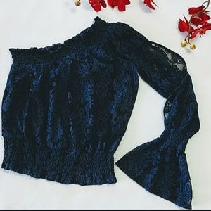NEW Sexy One Shoulder Top Lace Stretch Split Sleeve Long Bell Bold Elements Sm